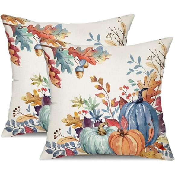 18x18 inch Set of 2 Blue and Green Watercolor Pumpkin Leaf Throw Pillow Covers‎ - Picture 1 of 6